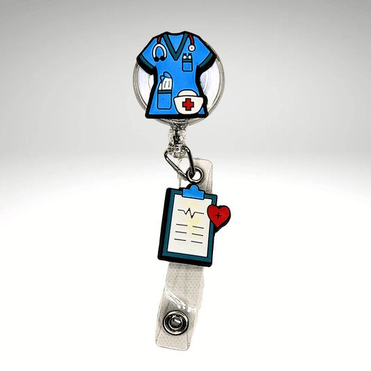 Badge Reel + Free Pen | Light Blue Scrub Top Design | Badge Buddy - RRTNOW