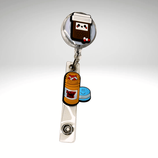 Badge Reel + Free Pen | Pill Bottle Happy Pills Design | Badge Buddy - RRTNOW
